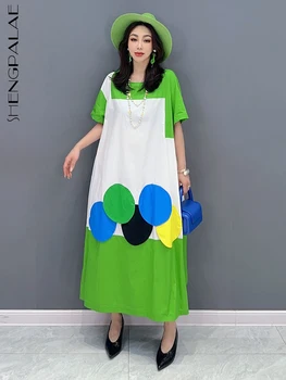 SHENGPALAE kórejský Príležitostné Voľné Farebný Blok Zelené Šaty Módne Polovičný Rukáv Ženský Župan Žien 2023 Lete Nové Oblečenie 5R3488