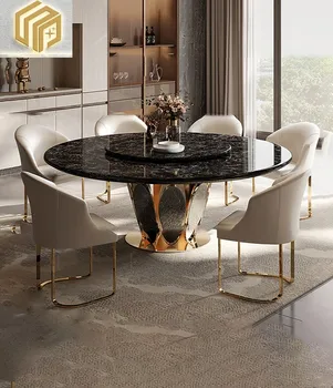Domácnosti dizajnér kolo reštaurácia tabuľky, stoličky s gramofónu svetlo luxusnom štýle luxusné mramorové jedálenský stôl
