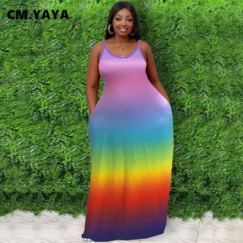 CM.YAYA Ženy Plus Veľkosť Šaty Dúhové Farby bez Rukávov O-krku Tvárny Voľné Dlho Maxi Šaty Módne Príležitostné Letné Oblečenie 2021