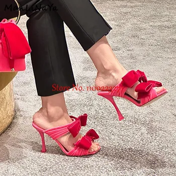 Nová Značka dámske Papuče Red Velvet Veľké Bowtie 85mm Vysokým Podpätkom Listov Otvorené Prst Dráhy Dámy Strany Topánky Sandále Lete roku 2023