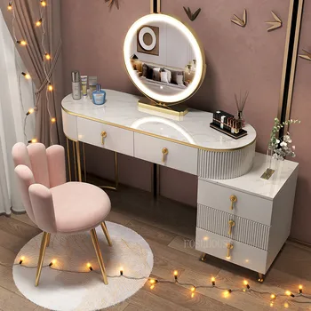 Svetlo Luxusné Zrkadlo na líčenie so Svetlami a Tabuľka nastavenia Toaletný Stolík Moderný make-up Márnosť Tabuľka Príborníky pre Spálne Nábytok