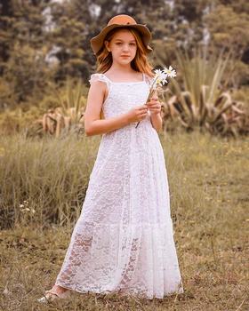 Princezná Dievčatá Bohemia Biele Čipky Šaty, Baby, Deti Kvet Dievča Svadobné Party Dlhé Šaty Deti, Dospievajúci Elegantné Oblečenie