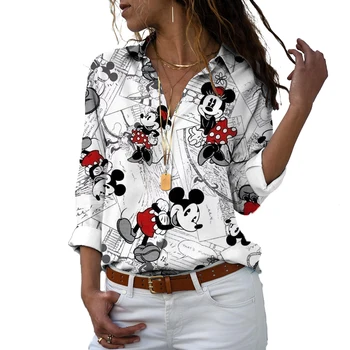 Ženské Klope Dlhý Rukáv Slim Košeľa Disney Minnie Mouse T-Shirt Jar Jeseň Dámy Singel svojim Streetwear Topy 2023