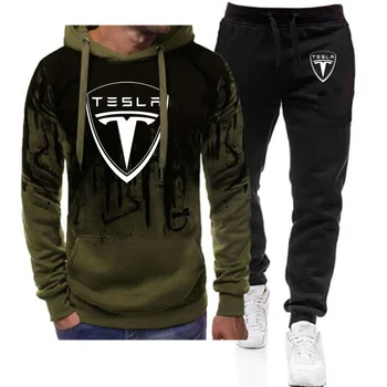 2023 Jar Jeseň pánskej Módy Tesla Auto Logo Tlače Gradient Farebný Pulóver s Kapucňou+Hip Hop Športové Nohavice Populárne 2 Dielna Sada