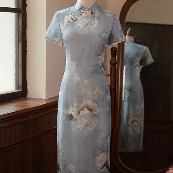 Tlač Na Kvetinový Jemnosť Cheongsam Modrá Formálnej Strany Košeľa Krátky Rukáv Ženy Vintage Šaty Slim Elegantné Čínskej Tradičnej Qipao