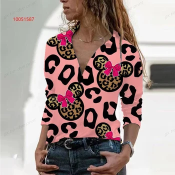 Nové tričko V-neck Top Žien Vintage Dlhý Rukáv Fashion Ženy Tričko Cartoon Top Disney Minnie Mickey T-shirt Ulici Sexy Top