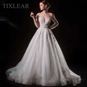Tilxlear Luxusné Svadobné Šaty Tylu Applikques tvaru Plné Rukávy Tlačidlo Súd Formálne Príležitosti Šaty 2023 Vestido De Noiva