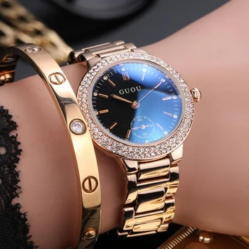 Móda Guou Úplne Bežné luxusné hodinky Sapphire Blue rose gold Steel sledovať žena diamond quartz hodinky vodotesné Žena hodinky