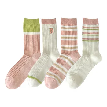 Nové Sladké Kontrast Pruhované dámske Bavlnené Ponožky Módne Osobnosti Kawaii Pink White List Dievčenské Polovice dĺžky Ponožky