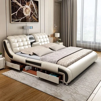 Inteligentný masáž kožené postele, moderné a jednoduché spálňa manželská posteľ, 1.8 meter multifunkčné projektor, skladovanie mäkké
