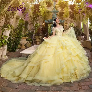 Elegantné Žltá Čipky Quinceanera Šaty Plesové Šaty, Tylu Ženy Dievča Princezná Maškaráda Sweet 16 Prom Šaty 15 Ročný