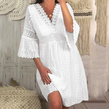 Biele Šaty Dámske Letné Farbou Svetlice Rukáv Duté Šaty Vysoký Pás Bežné Elegantné Šaty Lady Boho Sundress Vestidos