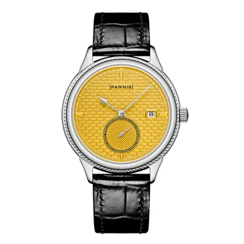 Móda Parnis 42mm Žltá Dial Automatické Hodinky pánske Kožené Pútko Mechanické Hodinky Pre Mužov Luxusné Nepremokavé Reloj Hombre