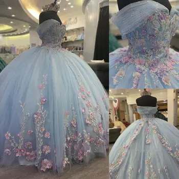 ANGELSBRIDEP Svetlo Modrá 3D Kvety Quinceanera Šaty Na Sladké Dievčatá Princezná Appliques Štúdia Prom Vestidos De 15 Años