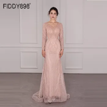 Luxusné Crystal Korálkové Večerné Šaty Dlhé Elegantné Ženy Party Šaty S Dlhými Rukávmi Formálne Oblečenie Úplnej Späť Župan Soiree Dubaj
