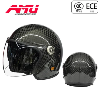 AMU Motocykel Retro Prilba Uhlíkových vlákien Otvoriť Tvár Prilba Skúter Prilby 3/4 Chopper Casco Moto Vespa Ročník Motorky Prilby