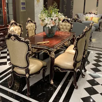 Európska neoklasicistickom jedálenský stôl a stoličky villa suite masívneho dreva vyrezávané obdĺžnikový stôl