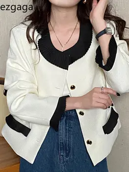 Ezgaga Bundy Ženy Kórejský Elegantné Vintage O Krk Kontrast Patchwork Voľné Cardigan Outwear Elegantné Office Lady Coats Móda