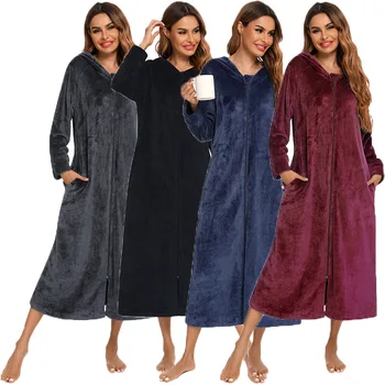 Materské Pyžamo Dlhé Nightgown Zime Teplé Dámske Šaty Vestidos Ženy Ženy Zips Župan Odev Sleepwear Plavky