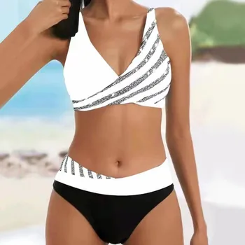 2023 Letné dámske Bikini Set Elegantné 2Piece Pruhy Flitrami Push Up Tangá Plavky High Cut Bikini Mäkké Pohodlné Plavky