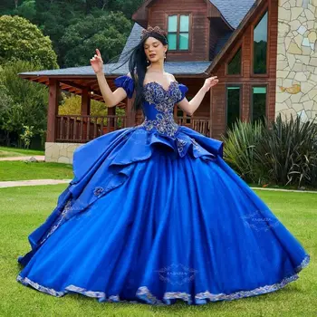 Kráľovská Modrá Charro Quinceanera Šaty Plesové Šaty Ramena Tylu Appliques Mexickej Sweet 16 Šaty 15 Anos