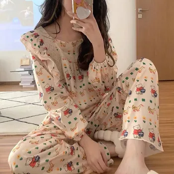 Ženy Nesú Vytlačené Pyžamo Cartoon Domáce Oblečenie, Pyžamá Vyhovovali Long-sleeve Nohavice Domáce Nosenie Nightgown Oblečenie Sleepwear