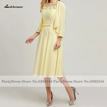 Lakshmigown Elegantné Matka Ženícha Šaty pre Svadobné 2021 Vestido de Fiesta Plus Veľkosť Žltá Šifón Party Šaty s Plášťom