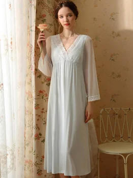 Ženy Modálne Čipky Víla Pajama Nightdress Oka Dlhý Rukáv Vintage Princezná Nightgowns Sladké Dievča Jar Viktoriánskej Sleepwear