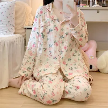 Kórejský Pajama Pre Ženy Lete Plavky Sleepwear Sady Dievčatá Sladký Kvetinový Tlač Klope Pyžamo Kawaii Pijama Japonských Domov Oblek