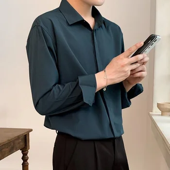 Kórejský Módy Nové Prikryť Košele pre Mužov, jednofarebné Dlhý Rukáv Ice Hodváb Smart Casual Pohodlné Tlačidlo Hore Tričko