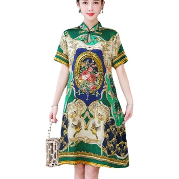 Retro Čínsky lepšiu cheongsam šaty elegantné ženy voľné zelené kvetinové dresss