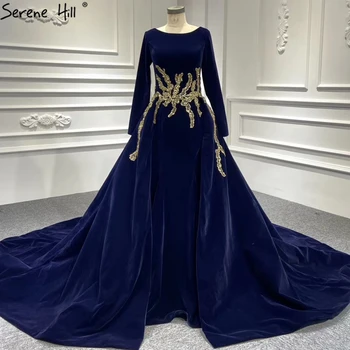 Moslimské Navy Blue Velvet High-end Svadobné Šaty 2023 Dlhé Rukávy Lištovanie Svadobné Šaty Serene Hill HA2368 Zákazku