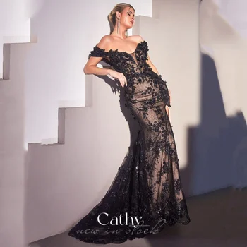 Cathy Luxury 3D Čipky Embroid Prom Šaty Black Fishtail Party Šaty Tylu Sweep Vlak Vestidos De Noche Trúby فساتين السهرة