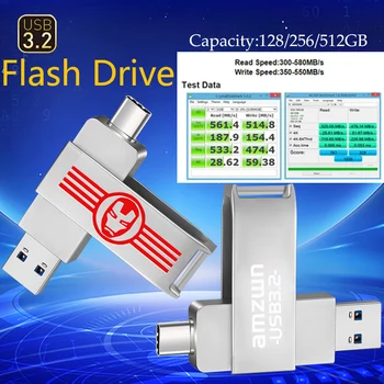 AMZWN USB 3.2 Flash 128G Ultra Dual Disk 256 GB USB Typ-C USB3.2 kl ' úč 256G Kovové OTG Telefón Flash Disk