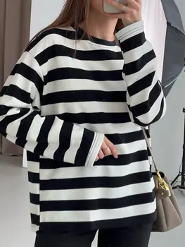 Voľné a lenivý bežné čiernej a bielej pruhované sveter žien jeseň dlhé rukávy okrúhle krčný pulóver klesnutie t-shirt top
