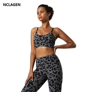 NCLAGEN Jogy Nastaviť Ženy Telocvični Oblečenie 2ks Sexy Leopard Tlač Cvičenie Sportwear Športové Legíny A Hore Push-up Elastické Fitness Oblek