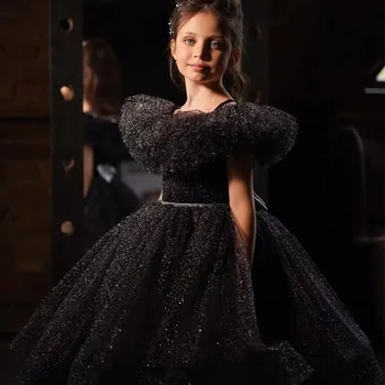 Čierne Lesklé Kvetina Dievča Šaty pre Svadobné ramena Dieťa Sprievod Party Šaty Opuchnuté Princezná Dievča Nosenie