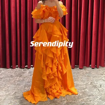 Serendipity Line Golier Loptu-GownRuffleBand SatinZipper Až Spp Popruhy Dlhé Rukávy Luxusné Šaty na Večer Viacerých Orange