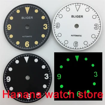 BLIGER 28.5 mm, čierne biele hodinky ciferník Zelený svetelný vhodné pre ETA2824 2836 Miyota8215 Mingzhu DG2813 3804 pohyb