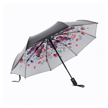 Plne automatické Kvet dáždnik Čierny Povlak, opaľovací krém, slnečné dáždnik dážď žena 3 skladací dáždnik žena princezná Parasol