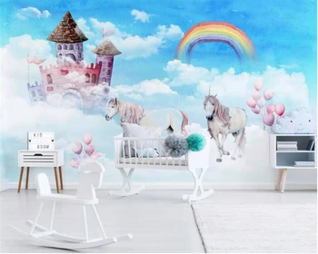 Prispôsobte 3d tapeta Moderné ručne maľované oblohe dúha hrad jednorožec detskej izby pozadí steny 3d tapety