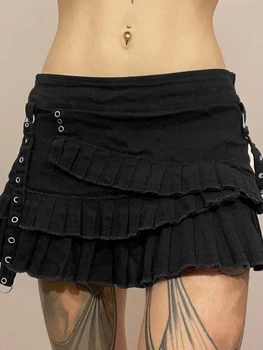 Black Nepravidelnú Mozaiku Skladaná Sukňa Vrstvený Skladaný Denim A-line Sukne Egirl Lete Y2K Bežné Streetwear Žien Dna