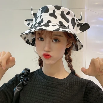 Kórejské Ženy Muži Lete Bavlna Vedierko Hat Mlieka Kravy Vzor Kawaii 3D Ox Horn Uši Široký Okraj opaľovací Krém Rybár Spp