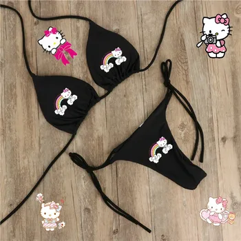 Hello Kitty 2 Kus Bikini Set Kawaii Roztomilý Kt Mačka Bielizeň Anime Sexy Ženy, Plavky, Nastaviteľné Nohavičky Podprsenka Oblek pre Ženy