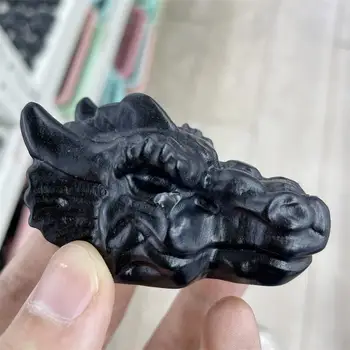 6.5 cm Prírodná Čierna Obsidián Dragon Lebky Zvierat Vyrezávané Crystal Figúrka Feng Shui Remesiel Uzdravenie Artware Domov Zdobia Darček 1PC