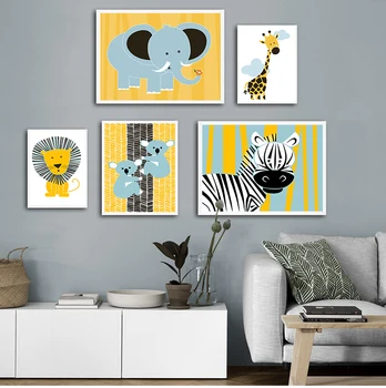 Žltá Lev Plátno Na Maľovanie Detská Izba Decor Cartoon Zvieratá Wall Art Nordic Zebra Plakat Obrazov Na Stenu Pre Baby Detská Izba