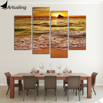 Artsailing 4 Kus Plátna Maľovanie HD Vytlačené zlatožlté Seascape Modulárny Obrázky Vlny Obrázok Sunset Beach Plátno Výtlačkov