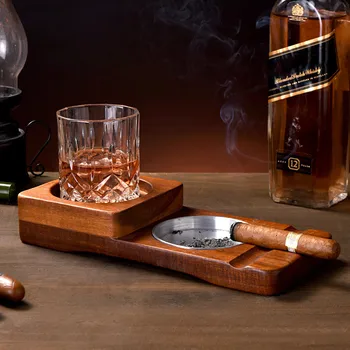2 V 1, Drevené Popolník Rustikálny Dreva Whisky Sklo Pohár Zásobník a Cigaru Držiteľ Zvyšok Popolník Home Office Dekorácie, Ozdoby