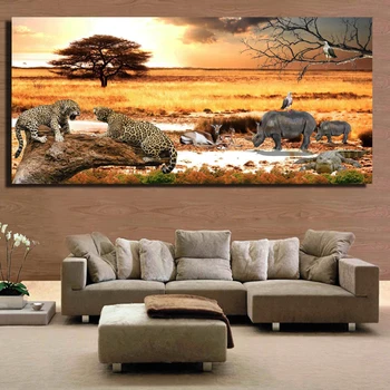 Obývacia Izba Domova Wall Art Obraz Afriky, Krajina, Západ Slnka Plagáty A Vzorom Leopard A Nosorožec Zvierat Obrazy