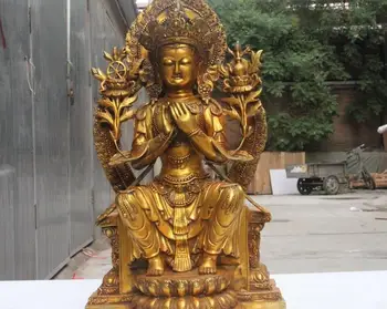 26 Tibeten Bronz, Meď Pozlátený, Lotus Maitreya Budha Strane Kwan-Yin Sochy Guanyin